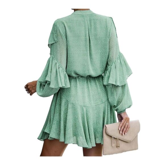 Sage Green Polka Dot Long Sleeve Ruffle Mini Dress Casual Flowy Swing Medium - Picture 7 of 10